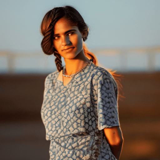 AI generated: A close-up portrait of a young woman with contemplative brown eyes and a side braid. Her olive skin ...