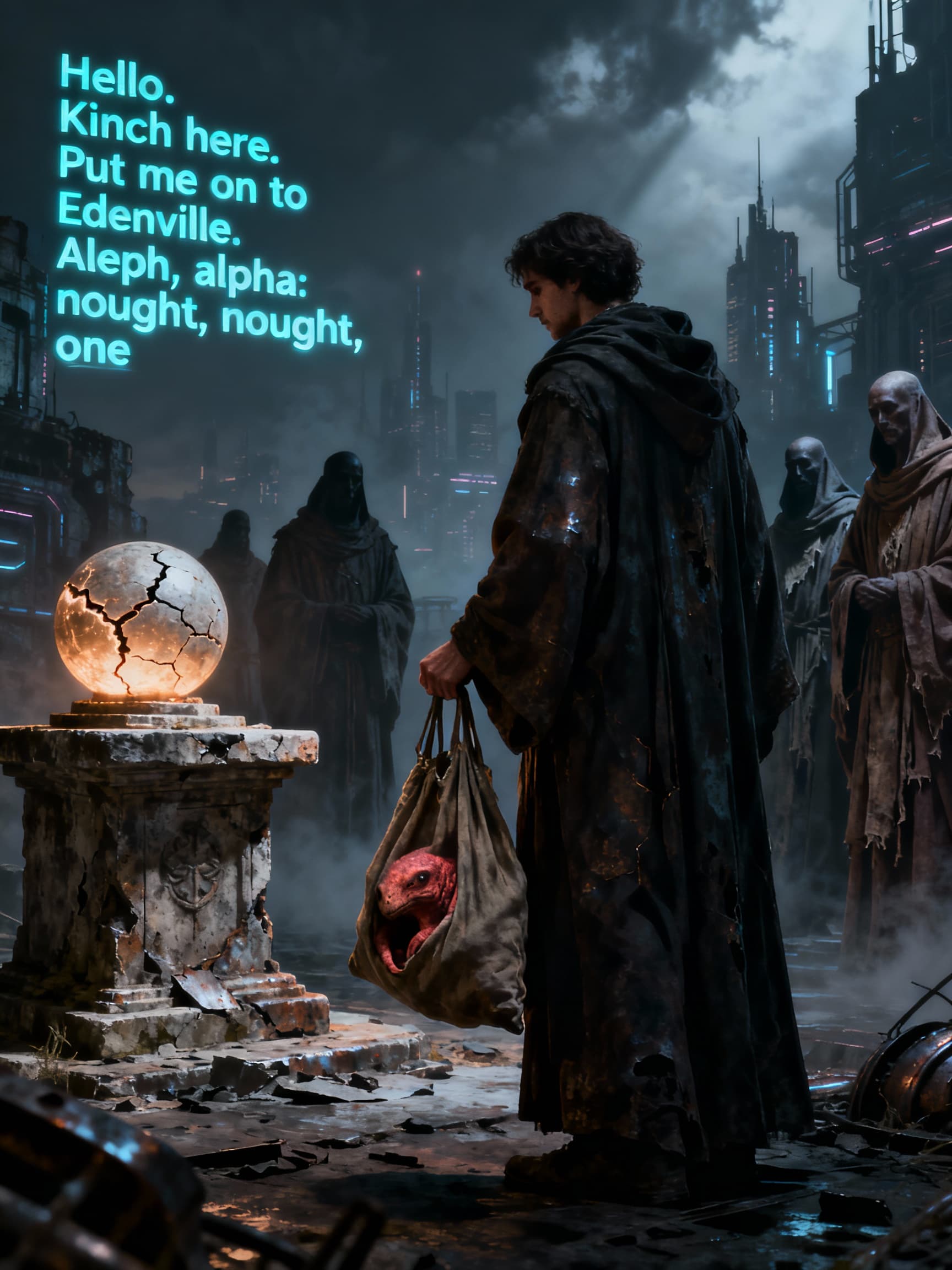 AI generated: Creation from nothing. What has she in the bag? A creature, hushed in ruddy skin. That is why mystic...