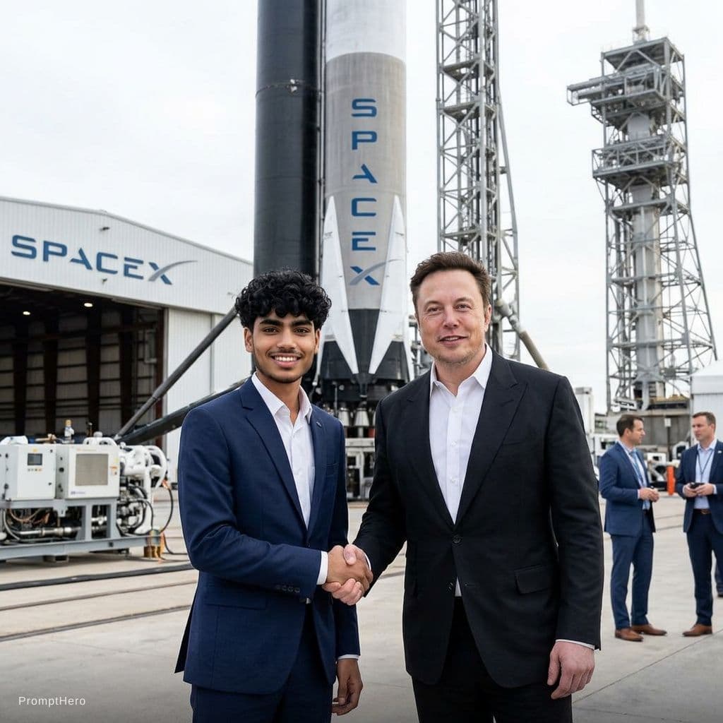AI generated: with Elon Musk in front of a SpaceX rocket, professional setting
