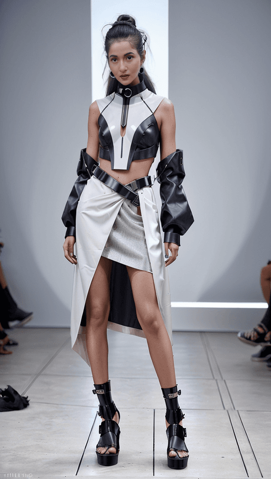 AI generated: Craft a fashion concept that blends futuristic aesthetics with nomadic influences. Envision garments...