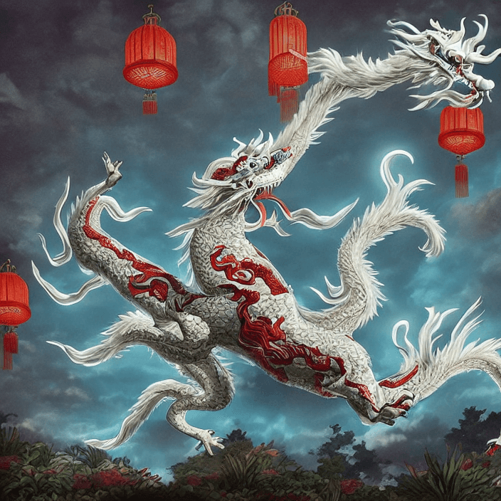 AI generated: Photo of a white chinese dragon and red chinese dragon, dancing together flying mid-air, beautiful m...