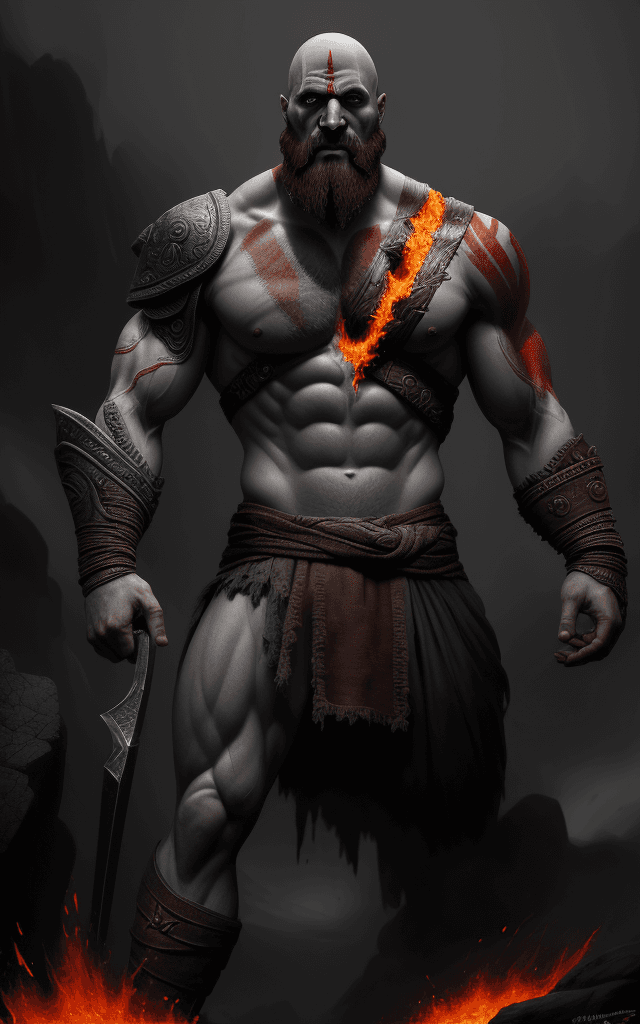 AI generated: old kratos, the god of war, full body, extremely brutal futuristic composition, digital painting, (e...