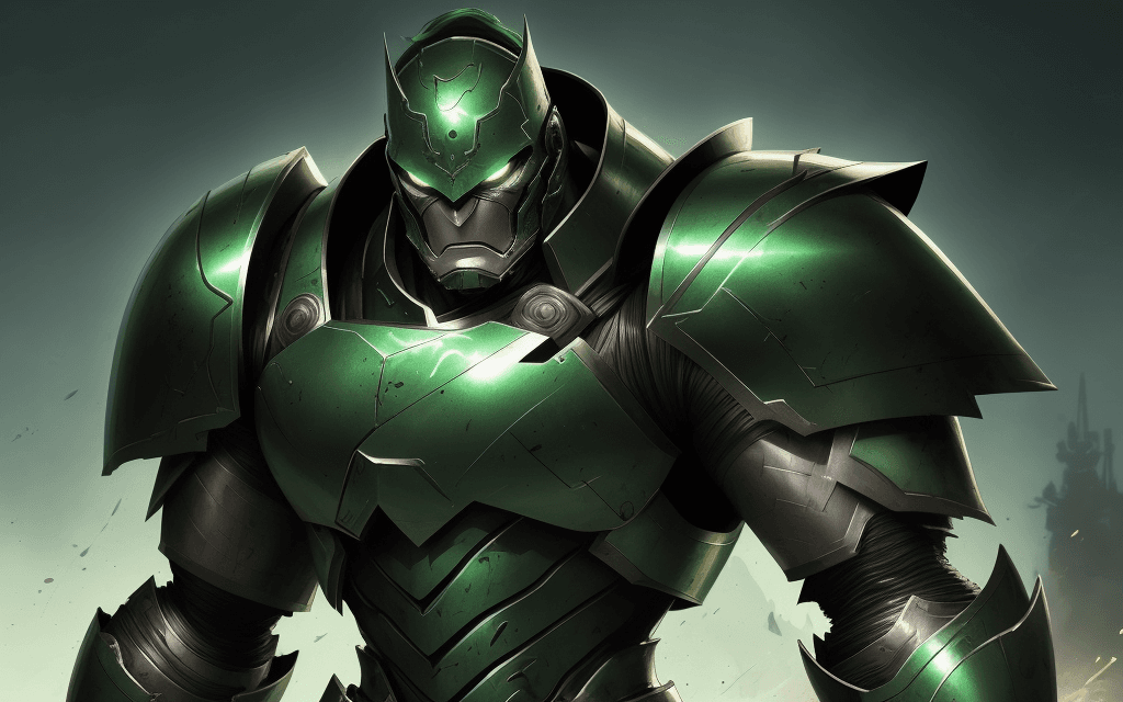 AI generated: (best-quality:0. 8), (best-quality:0. 8), perfect anime illustration,brutal man warrior, metallic gr...