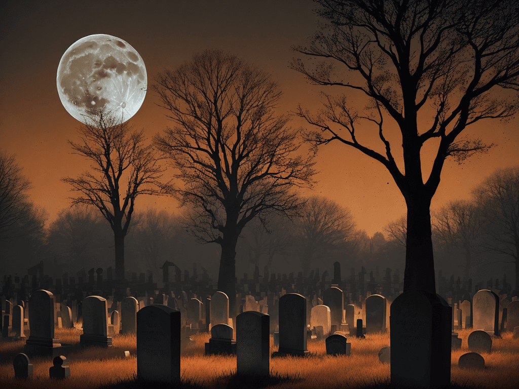 AI generated: A haunting graveyard scene, with a full moon casting an eerie, orange-yellow glow over the tombstone...