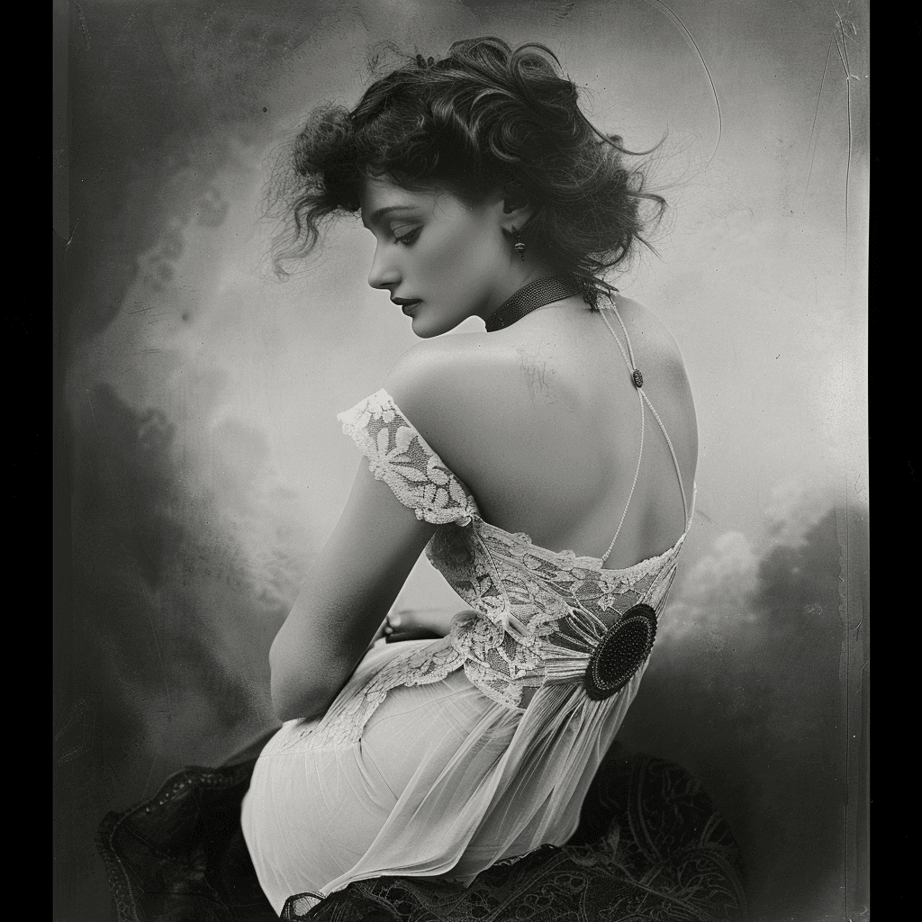 AI generated: https://s.mj.run/udwHpp0LHfM Portrait black and White photo, 1910s, feminine body