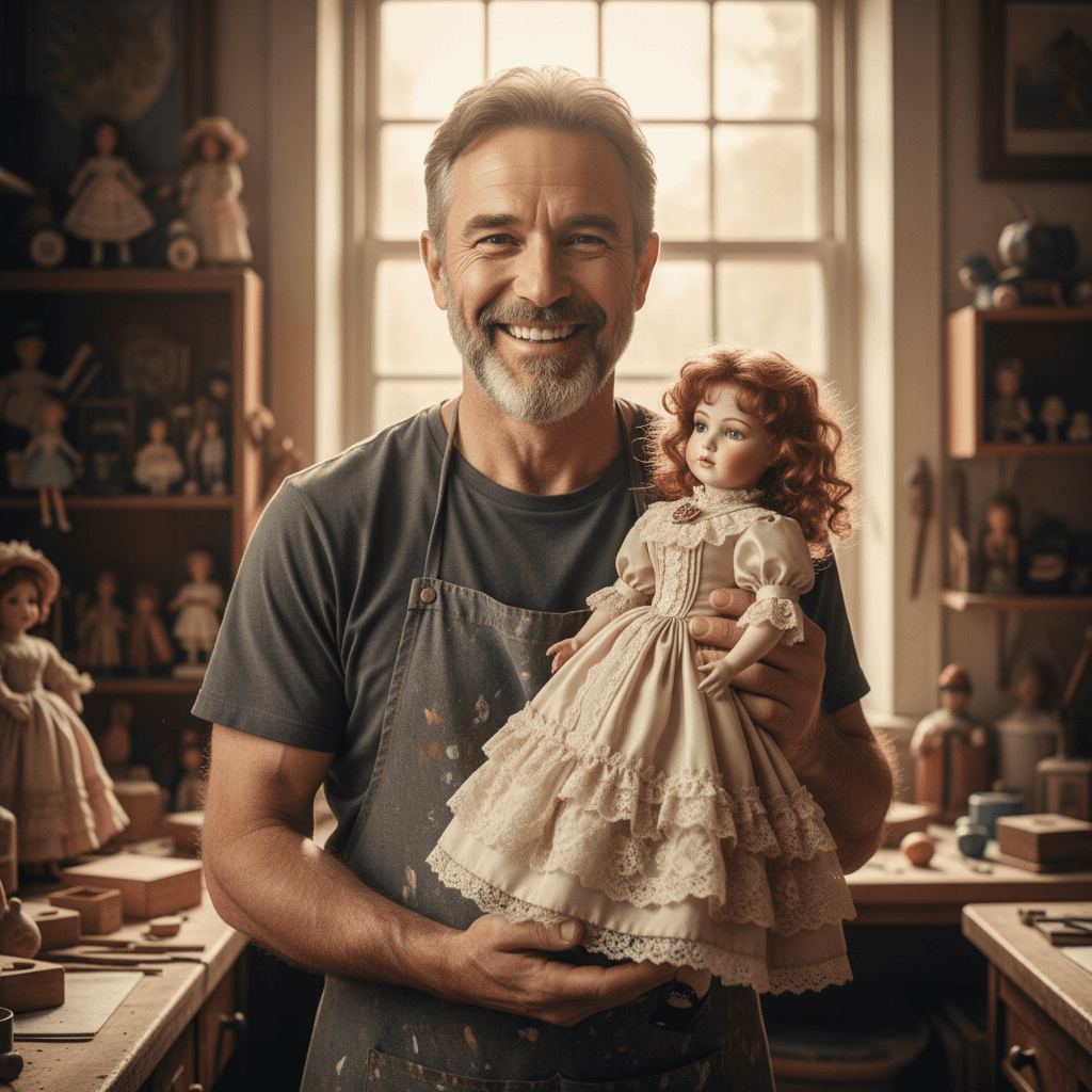 AI generated: the man holds the doll with pride