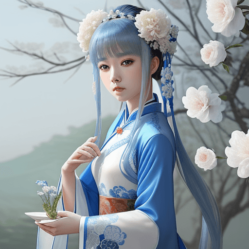 AI generated: A woman in a blue and white dress with flowers in her hair, hanfu, palace, girl in hanfu, blue hanfu...