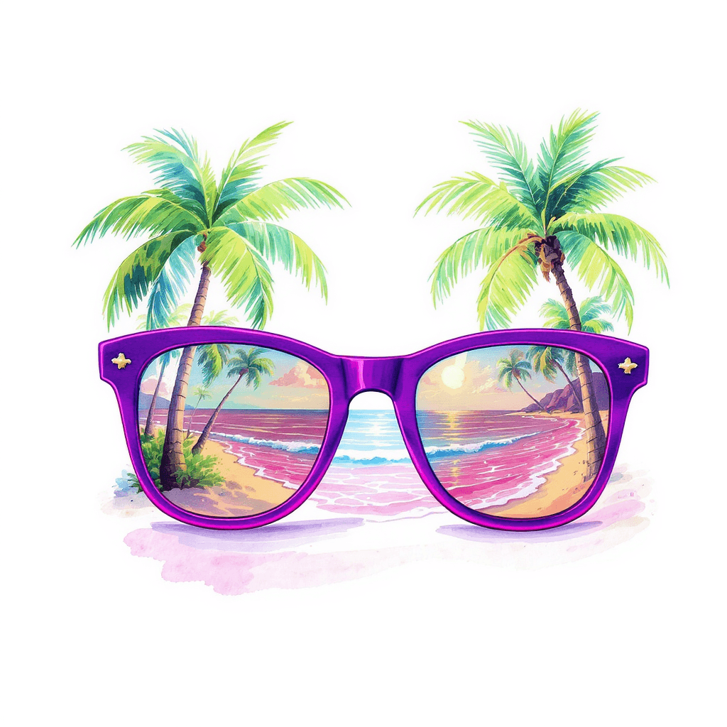 AI generated: A vibrant watercolor illustration depicting neon purple retro sunglasses with tropical palm trees gr...