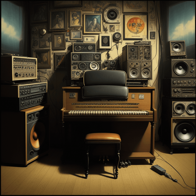AI generated: music Album cover picture, punk, surreal art, oil picture, radio, speaker, computer, piano, organ, r...