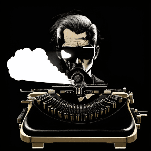 AI generated: a typewriter mixed with a gun blowing a man's head in a black background with a poor light