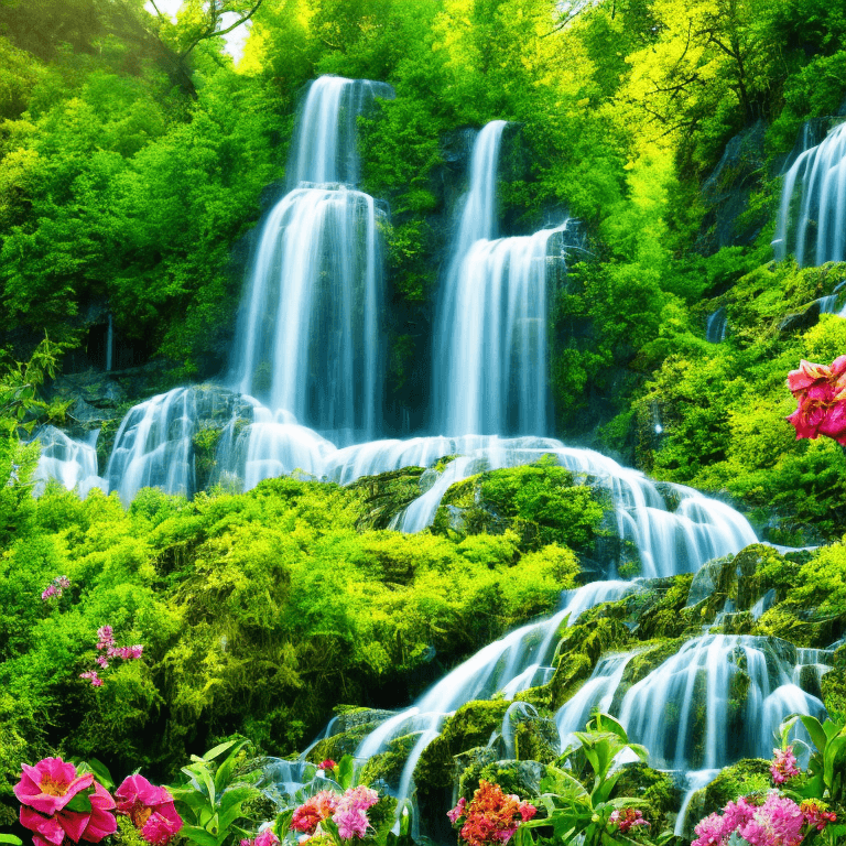 AI generated: foliage, plants, flora, trees, nature, flowers, waterfall, bright, high detail, high resolution, pho...