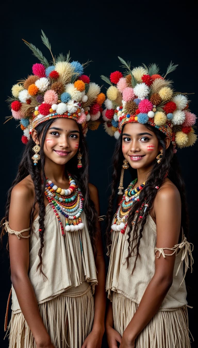 AI generated: Two young girls, likely Indigenous South American,  circa 20-30 years old,  are dressed in elaborate...