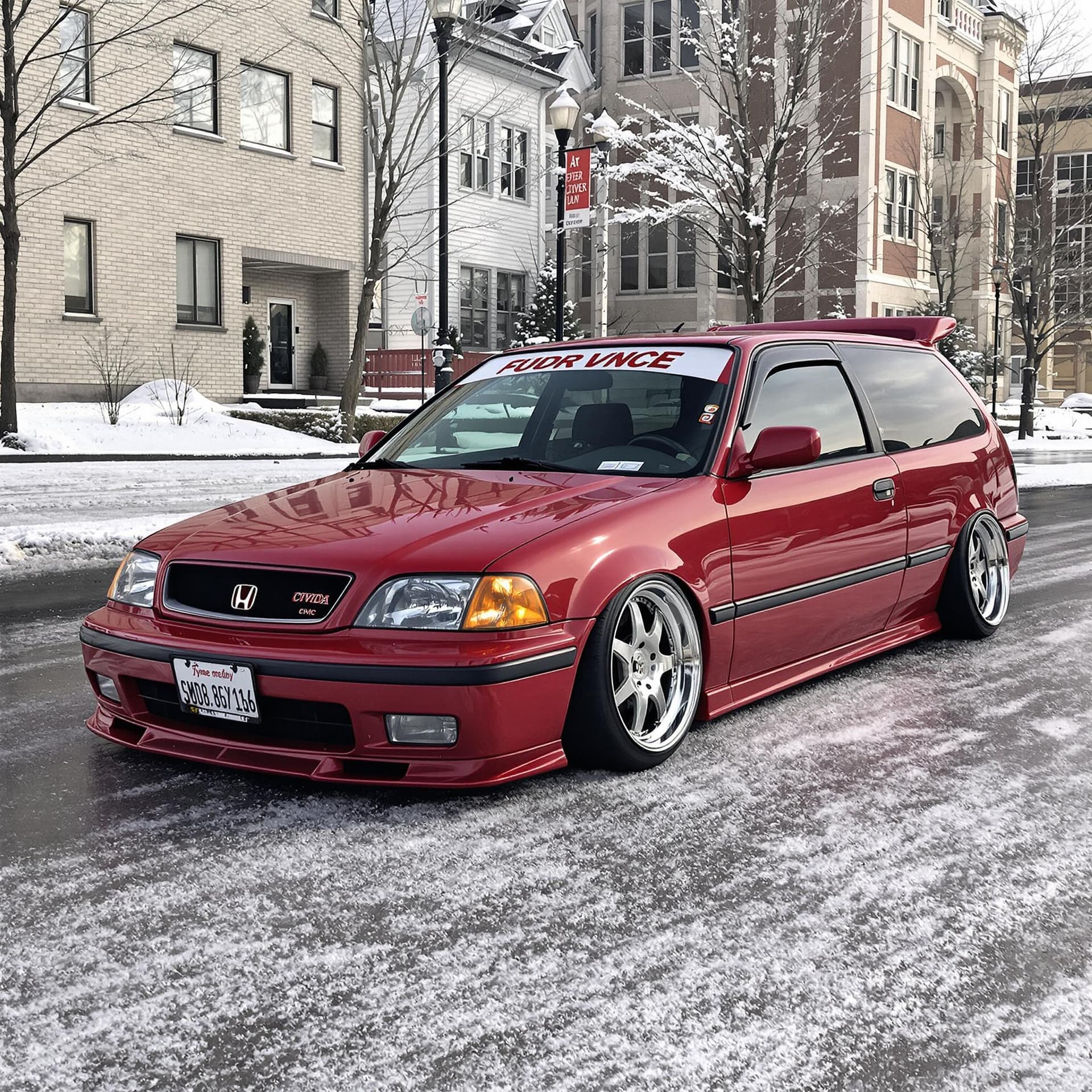 AI generated: big van version of year 1988 stanced red honda civic, parked on a icy road