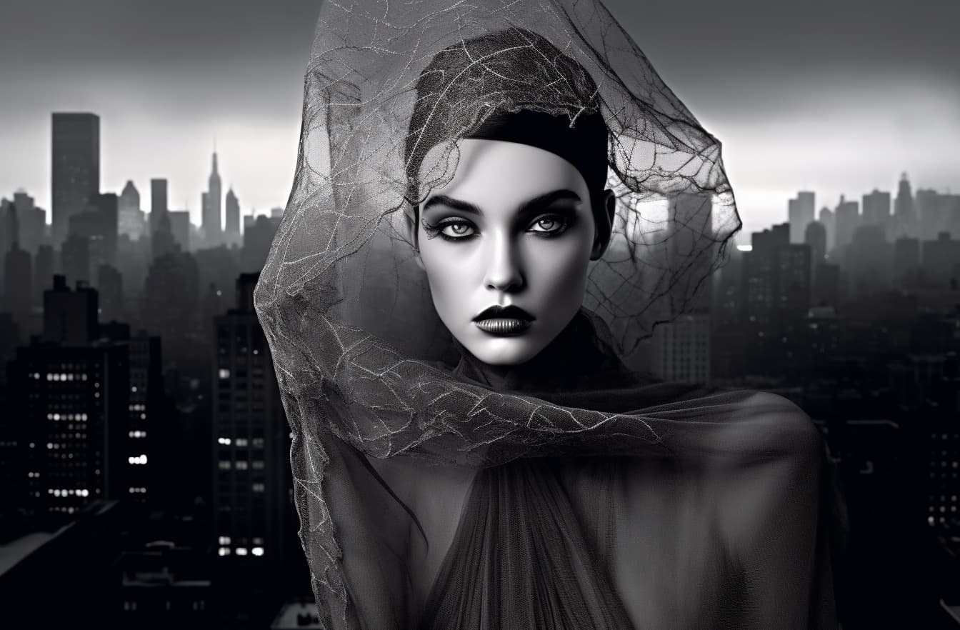 AI generated: a black and white photo of a beautiful woman with a veil over her head, vogue cover style, new york ...