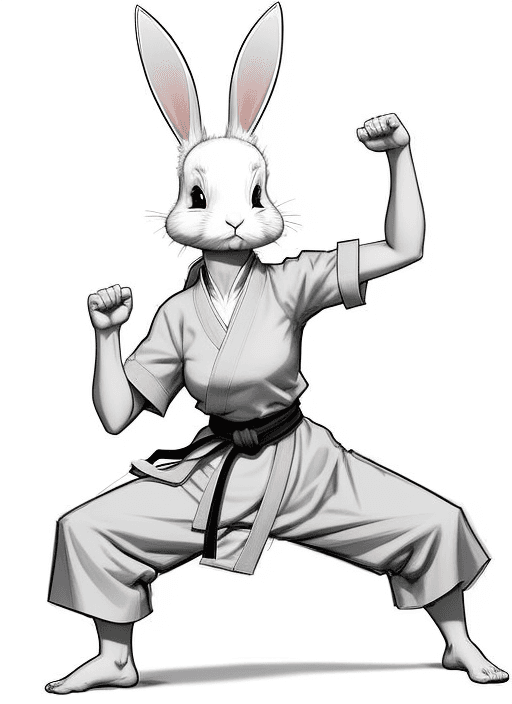 AI generated: sketch, no color, cartoon, line art, 2D, rabbit woman, rabbit legs, monk, martial arts