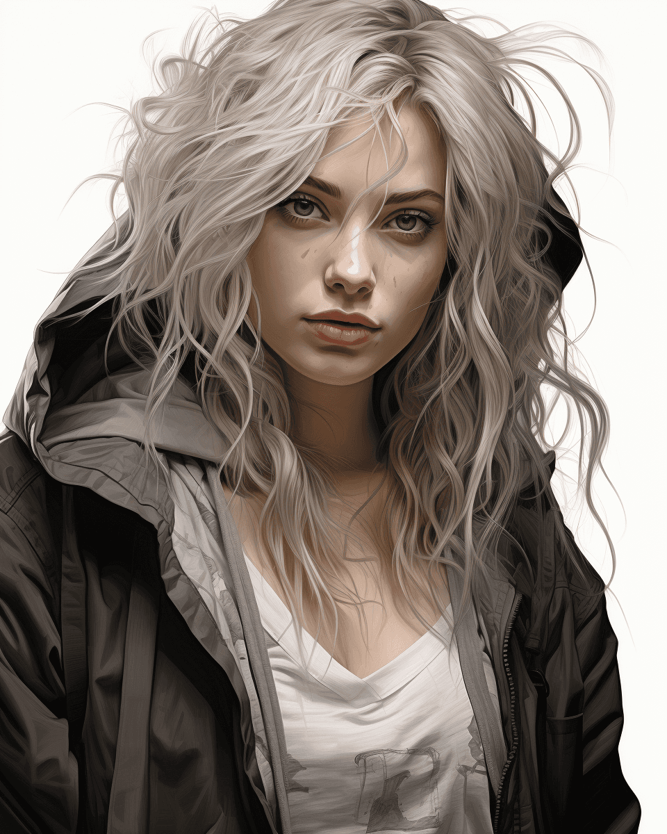 AI generated: a black and white drawing of a woman wearing a hoodie, in the style of vicente romero redondo, reali...