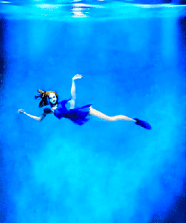 AI generated: alice floating horizontally under water.
realistic, not creepy
 arm pointing towards the surface