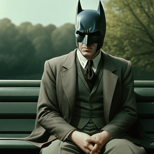 AI generated: Countryside gentleman batman shot by sofia coppola, staring at camera, sitting on a bench::Cinematic...