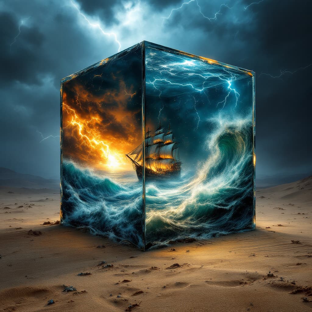 AI generated: a glass cube , on the desert floor, there is a monstrous storm inside with a galleon as the seas wav...