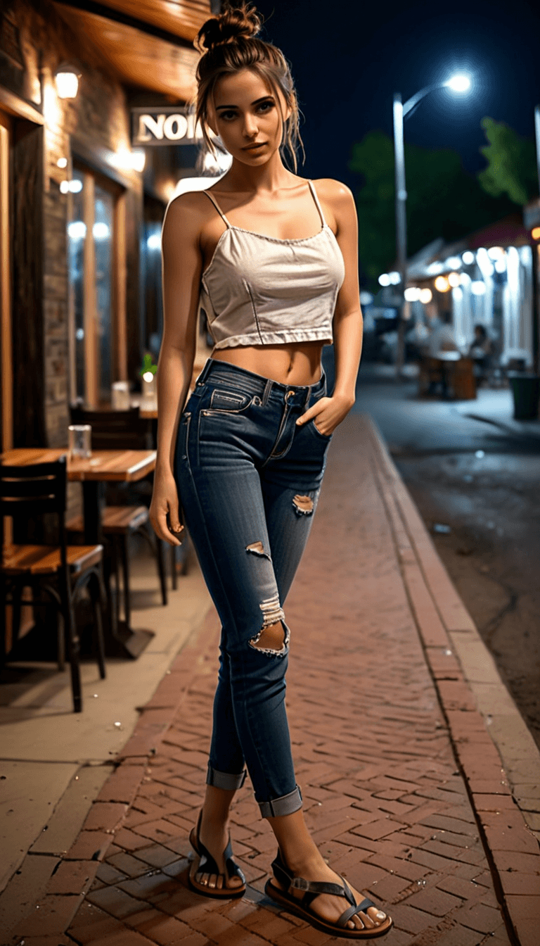 AI generated: woman, long brunette hair in a messy bun, wearing a sleeveless blouse, exposed fit midriff, designer...
