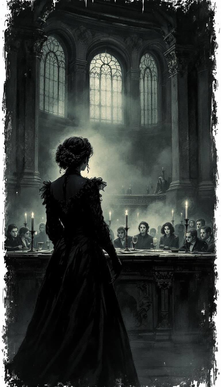 AI generated: Create an image in the style of a Victorian Penny Dreadful comic illustration of a Victorian Courtro...