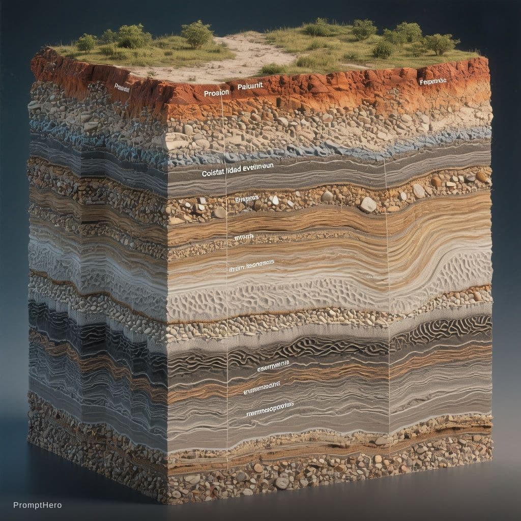 AI generated: highly detailed geological block diagram, 3D cutaway view of a stratigraphic succession, Formação Be...