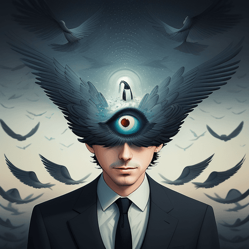 AI generated: a man in a suit standing in front of a flock of birds, inspired by Cyril Rolando, surrealism, many e...
