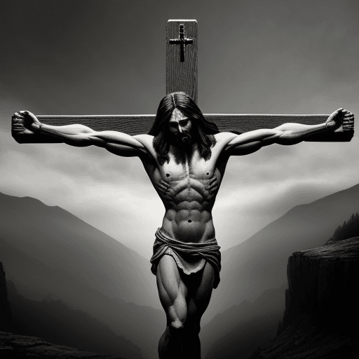 AI generated: muscular jesus crucified, dark ambient, epic scenery, black