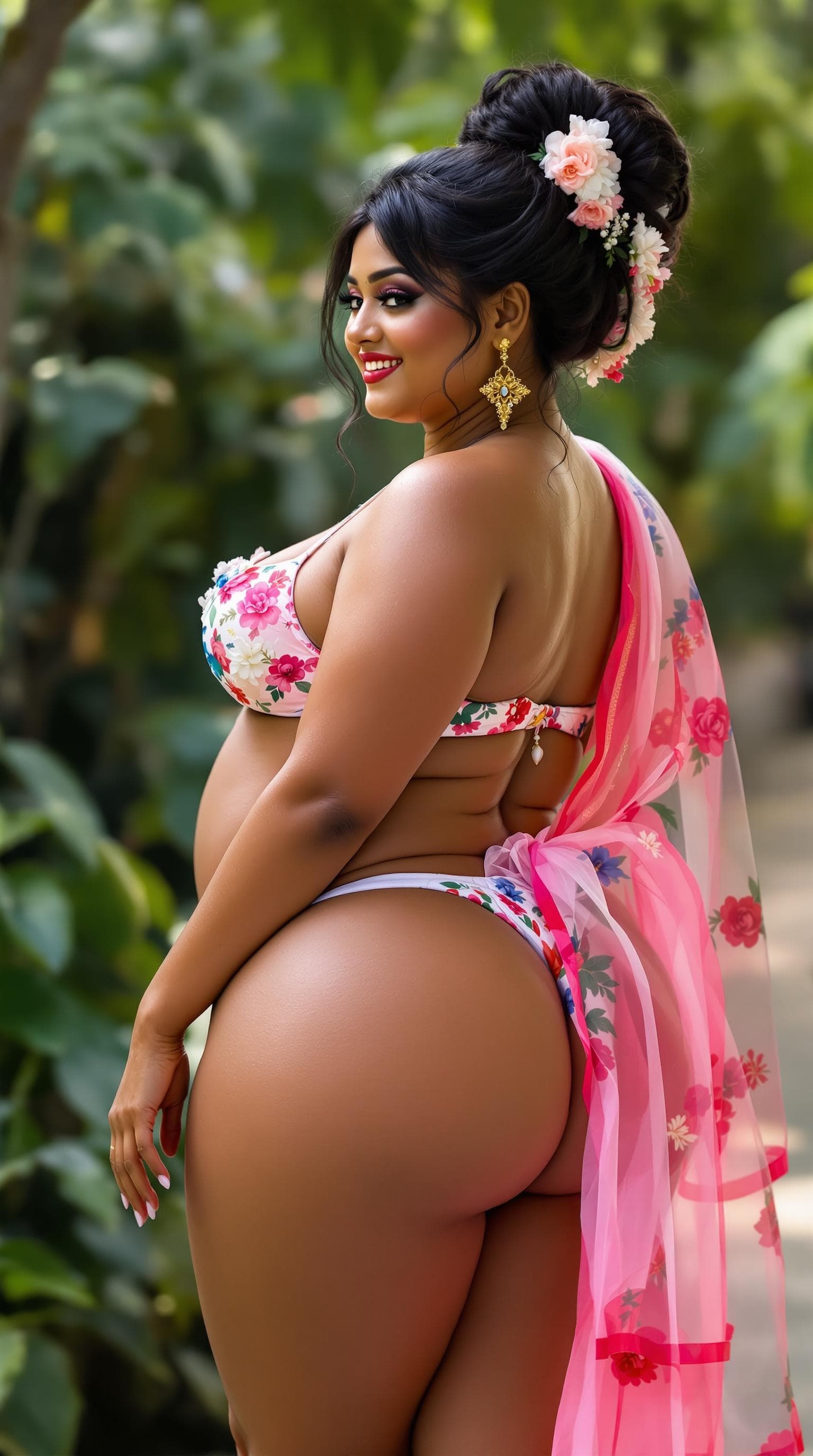 AI generated: a full front side view large pretty ass puffy boobs beautiful black eyes plus size legs with high he...