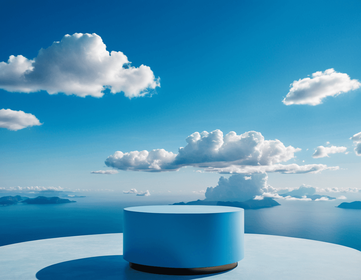 AI generated: Product photography, beautiful blue podium for product, super detalised and fashion, with puffy clou...