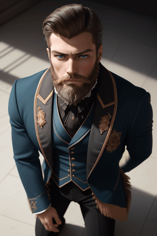 AI generated: Ground - Shot Angle - Looking down at figure from knee level, elegant, handsome, charro, Russian, ma...