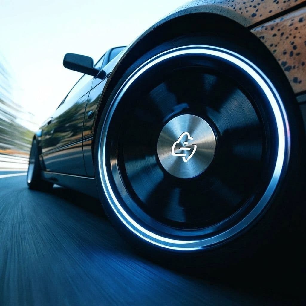 AI generated: replace the center of the wheel with a clean metallic badge containing the minimal logo, perfectly a...