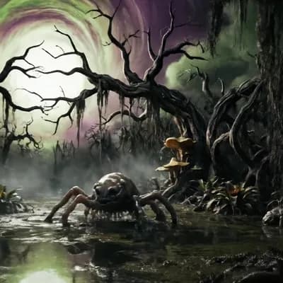 AI generated video: Dark nightmare alien landscape fantasy, fantastical time warped landscape   Dark delvers nightmare h...