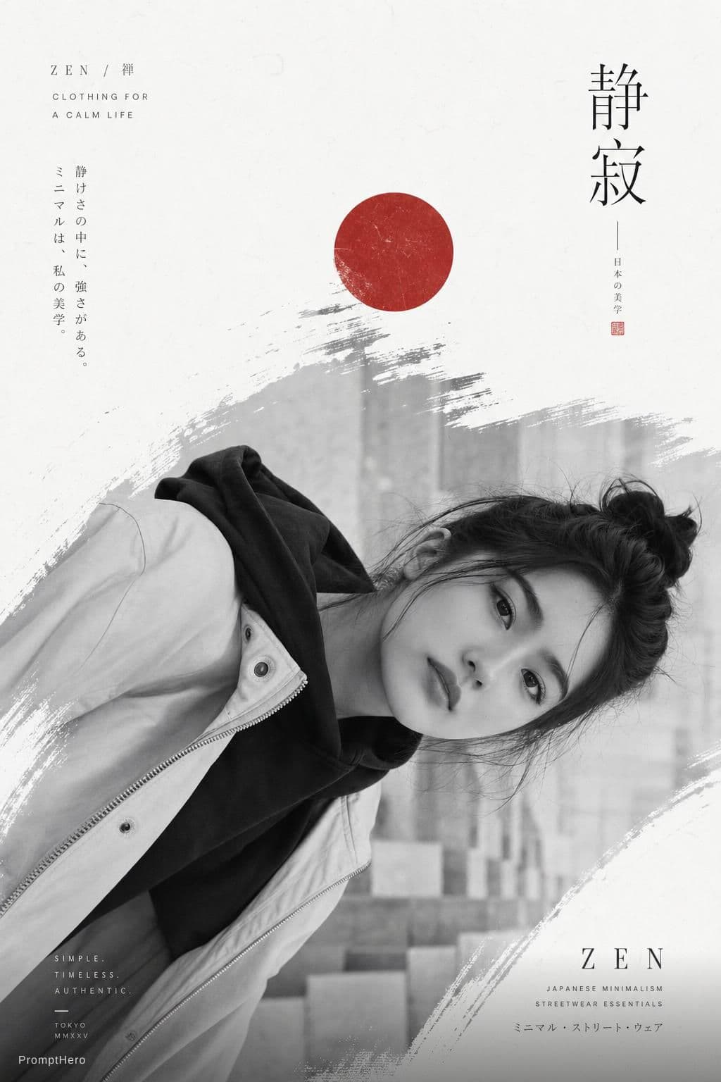 AI generated: Create a premium Japanese-inspired minimalist fashion editorial poster featuring a stylish young wom...