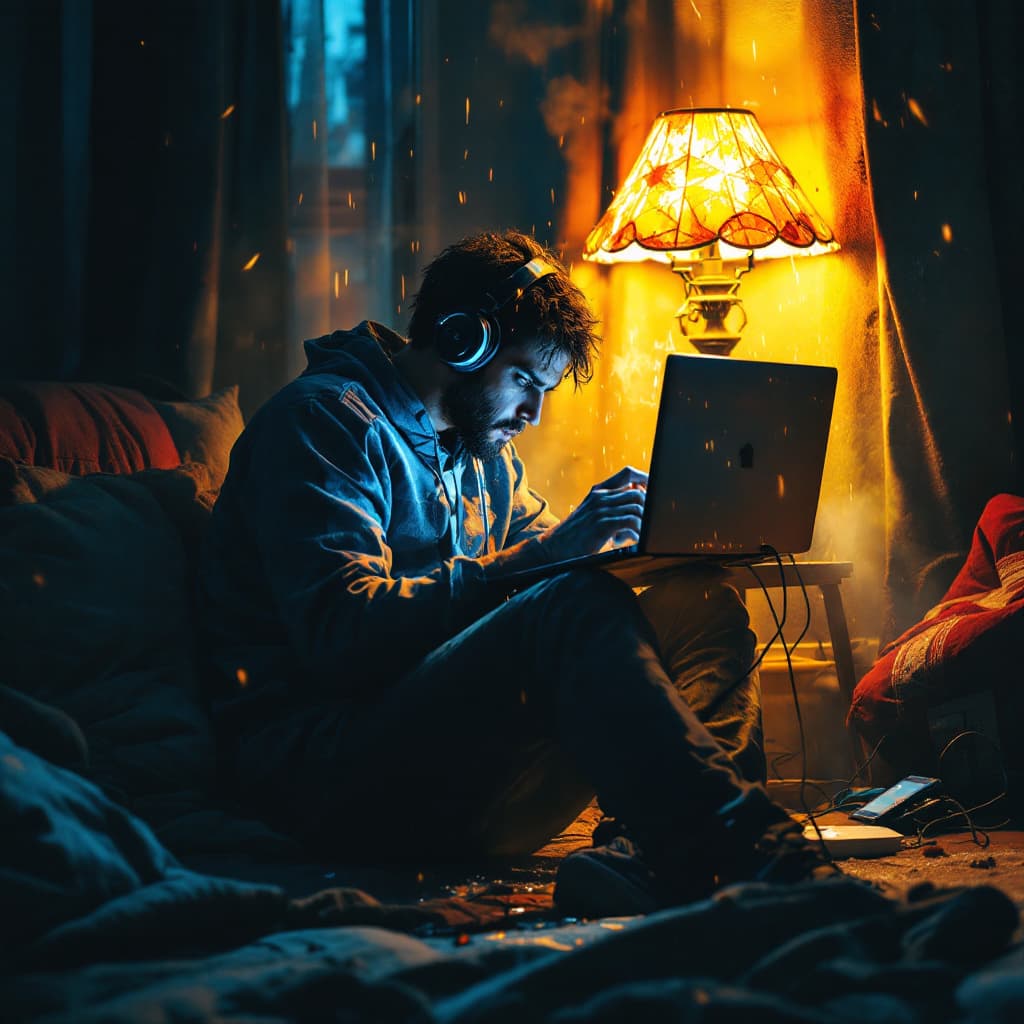 AI generated: A devastated Tech Bro who sat behind his laptop getting overwhelmed with his burnt charger and could...