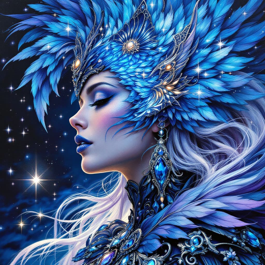 AI generated: Acrylic and chalk highly detailed stunning fantasy profile view portrait of a mystical woman adorned...