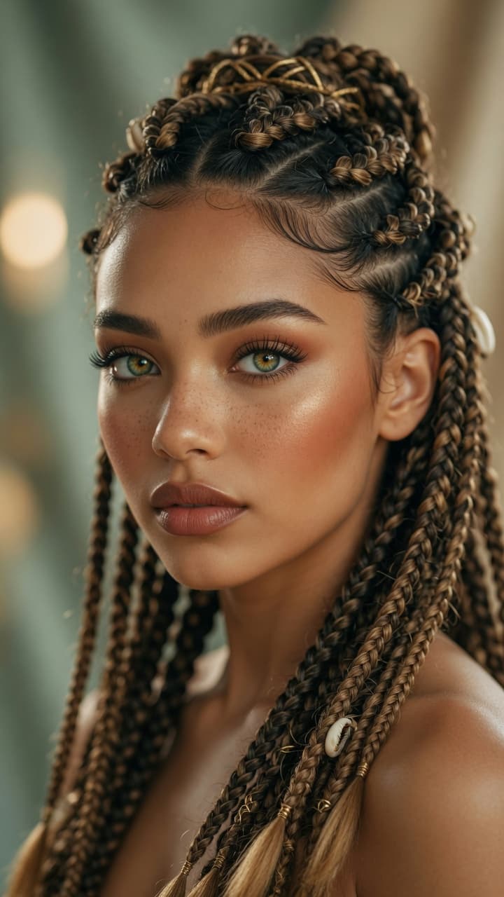 AI generated: Ultra-realistic portrait photograph of a stunning young woman with warm light brown skin, striking g...