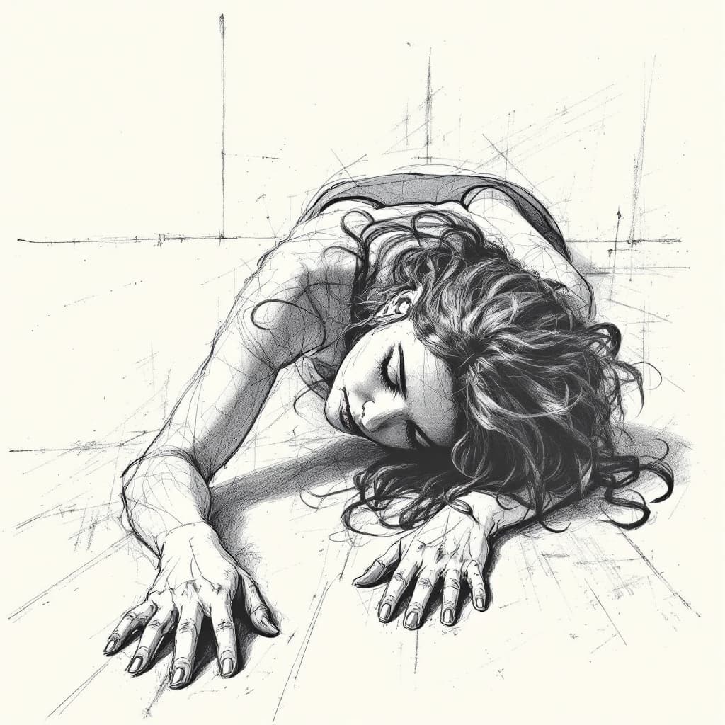 AI generated: a woman laying on the floor with her hands on the floor, drawing, sketch, pencil drawing, smudges