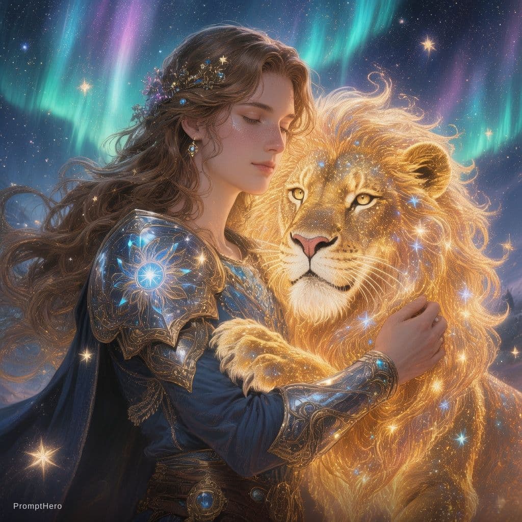 AI generated: Strength – The Starlit Guardian

A gentle warrior embracing a celestial lion made of starlight, calm...