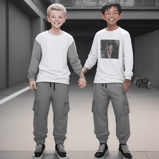 AI generated: photography, candid shot, a boy and dad, beaming with a wide grin, stands on a skateboard, boy weari...