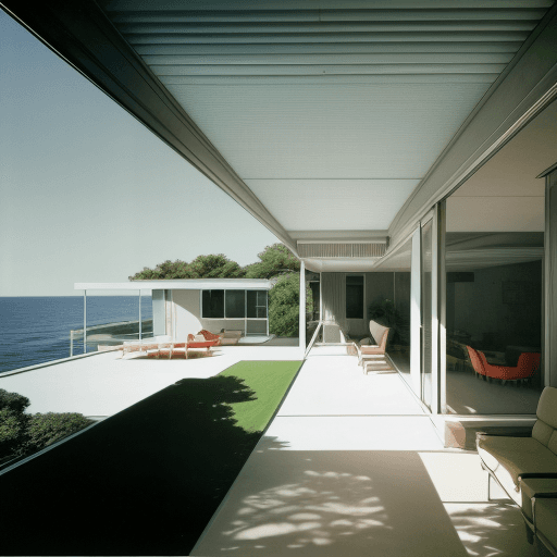 AI generated: Hyper realistic eye level exterior photo of a mid century modern style house overlooking the ocean, ...