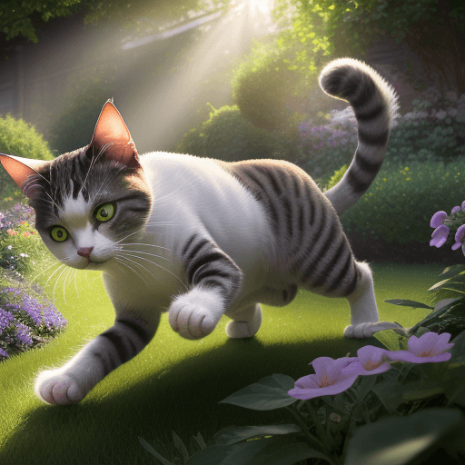 AI generated: High resolution photo of an android cat, prowling movement, sunlight shining through a thick garden,...