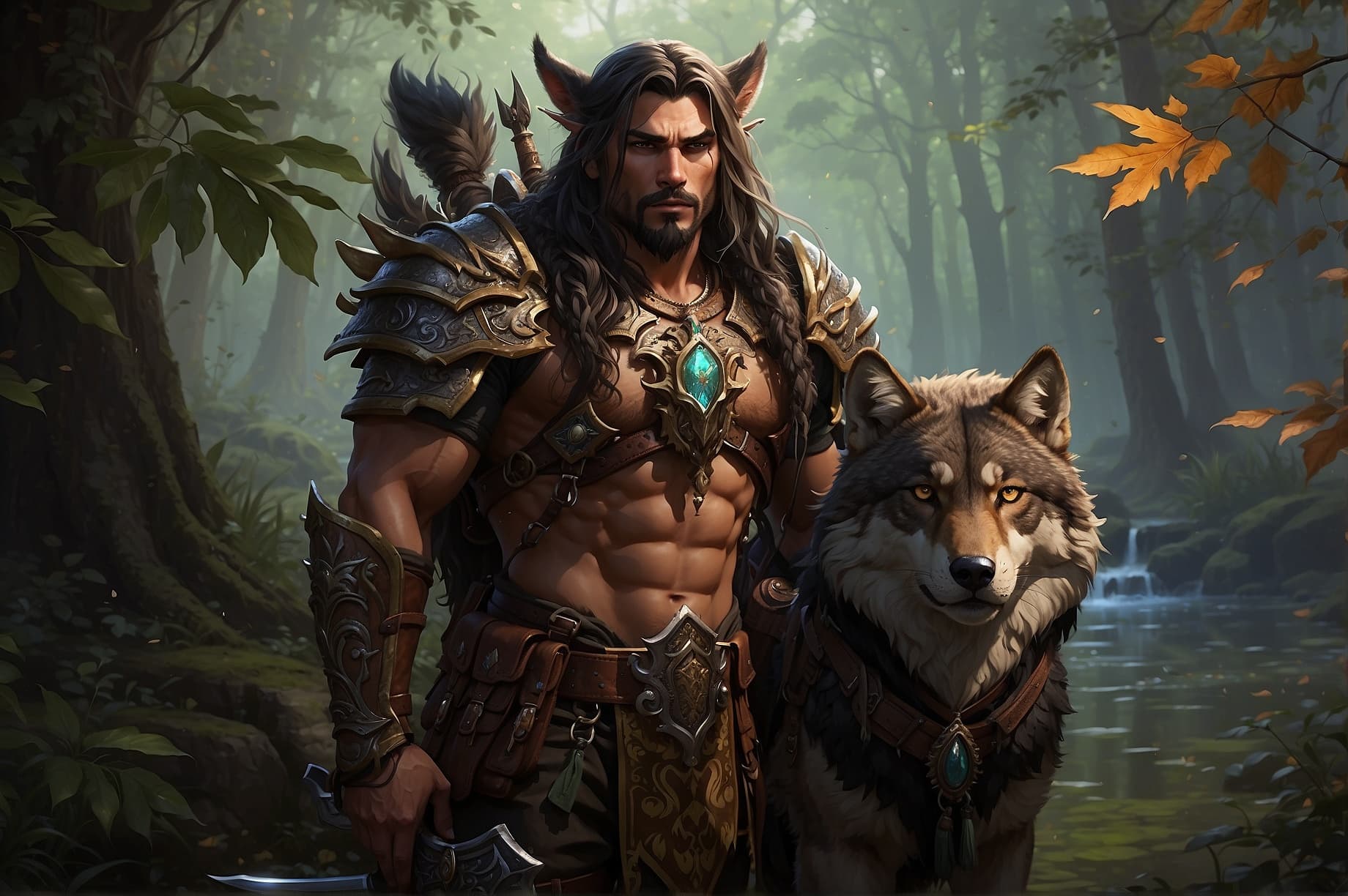 AI generated: In a breathtakingly detailed oil painting, a majestic World of Warcraft night elf Hunter and his loy...