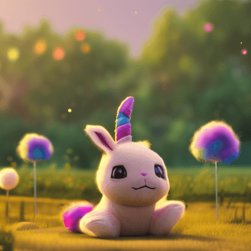 AI generated: cute fuzzy bunny and rainbow unicorn characters, best friends hanging out in a fantasy field, golden...