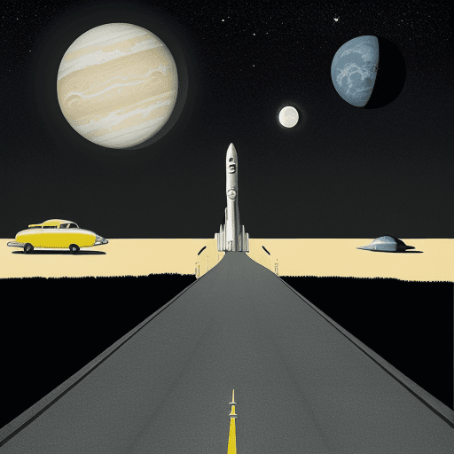 AI generated: minimal art surreal art , yellow road to the sky , inverted , vintage sci fi , 1950s pop art 1950s h...