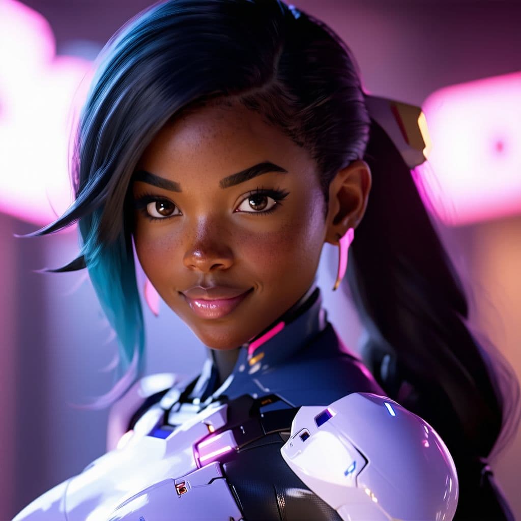 AI generated: Photo of a  realistic dva from overwatch, body suit,light, tan skin, cinematic lighting, low angle, ...