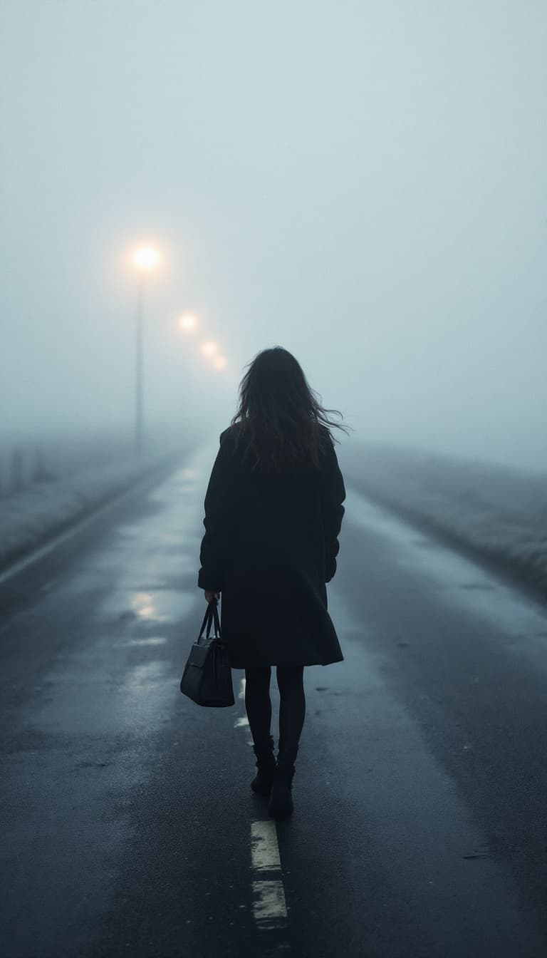 AI generated: girl standing on a foggy pavement while holding her purse, in the style of yigal ozeri, video, beach...