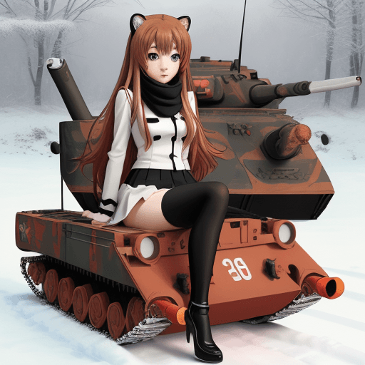 AI generated: taiga aisaka, anime, sit on realistic tank and hug gun turret, winter red school uniform, long hair,...