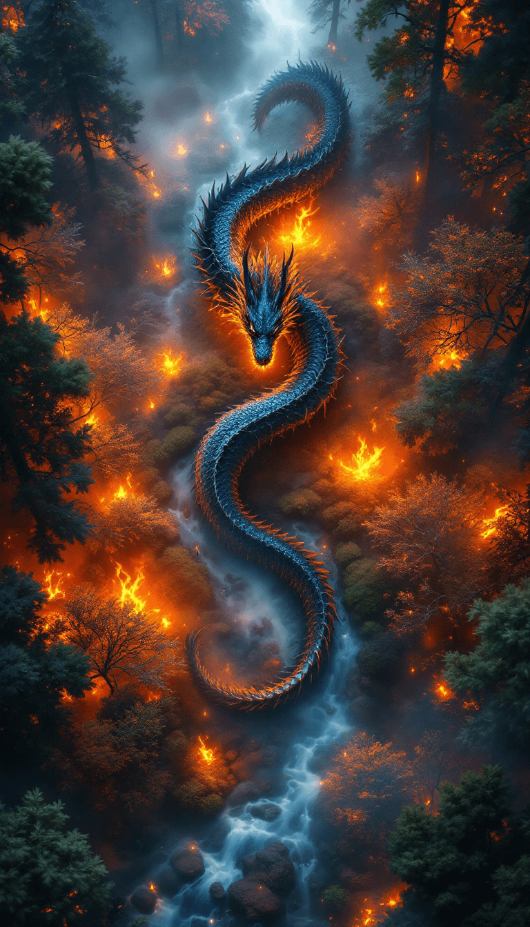 AI generated: Top down aerial shot looking down at a dragon in a forest on fire --v 6.0 --style raw