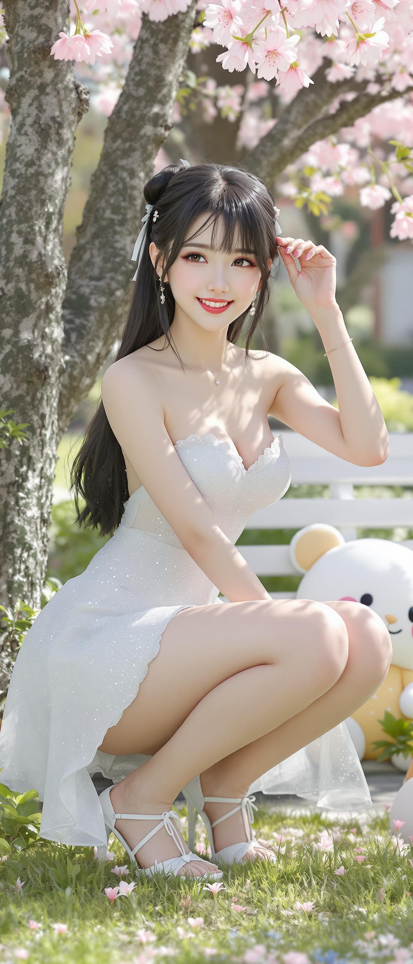 AI generated: 3D Render, full body, 1girl, outdoors, garden, cherry blossoms, squatting near the tree, hair tuckin...
